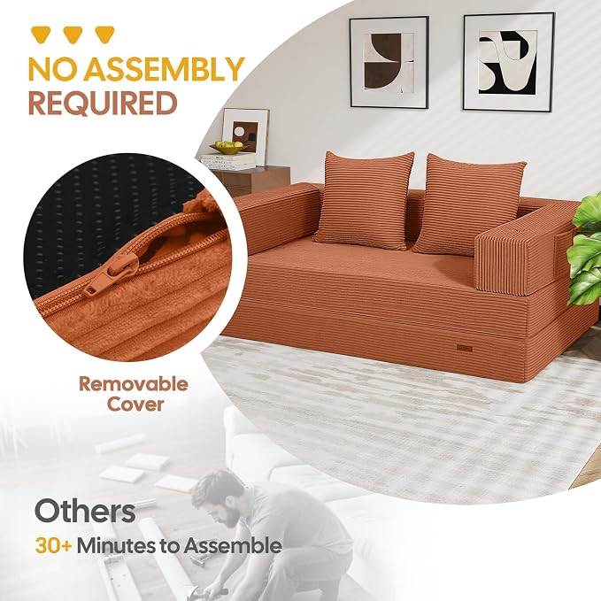 COMAX Futon Sofa Bed, Convertible Sofa Bed, Folding Boneless Couches | Boneless Couch for living room, Fold Out Small Foldable Loveseat Floor Sleeper Mattress Lounge Space‑Saving, Light Orange