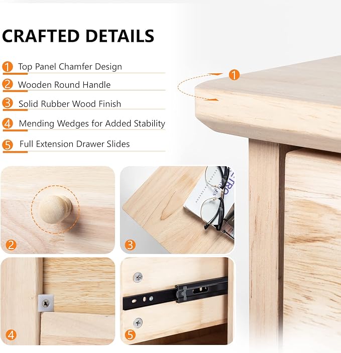 VINGLI Unfinished Natural Solid Wood 3 Drawer Dresser, Farmhouse Dressers & Chests of Drawers Color DIY Rubber Wood Dresser with Full Extension Drawer Slides & Wood Knobs Rustic Style