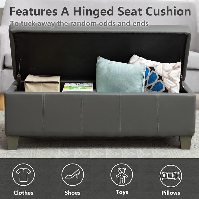 41" Storage Ottoman, Storage Bench with Safety Hinge, Upholstered Synthetic Leather Ottoman Bench for Bedroom, Living Room, Entryway, Hallway, Foot Rest, Support 500lbs, Grey