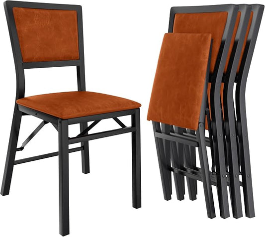 VECELO Folding Dining Chairs Set of 4, Metal Padded Foldable Seating with Comfortable Faux Leather, Space-Saving Portable Guest Seats for Kitchen & Office, No Assembly, Cognac Brown
