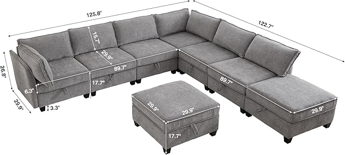 ORRD Oversize Corner Modular Sectional Sofa Set, Convertible L Shaped Couch with Storage, 8 Seater Sofa Modular with Ottomans and Reversible Chaise for Living Room, Office (Grey)
