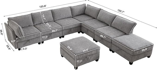 ORRD Oversize Corner Modular Sectional Sofa Set, Convertible L Shaped Couch with Storage, 8 Seater Sofa Modular with Ottomans and Reversible Chaise for Living Room, Office (Grey)