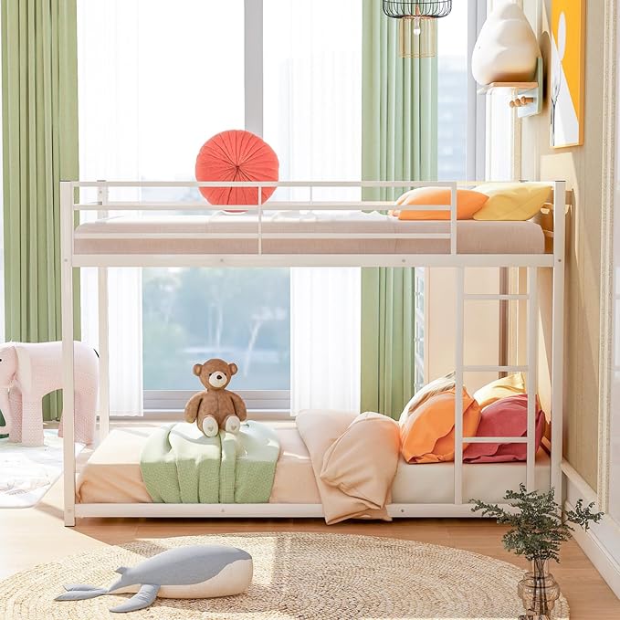 Low Metal Bunk Bed Frame for Kids, with Built-in Ladder, High Guardrail and Metal Slats, Floor Bed Bottom Bunk, No Boxspring Required, for Small Spaces, Twin-Over-Twin (White)