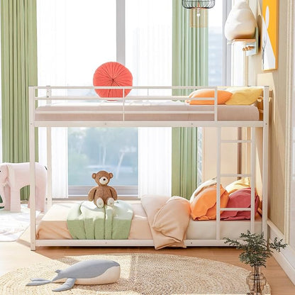 Low Metal Bunk Bed Frame for Kids, with Built-in Ladder, High Guardrail and Metal Slats, Floor Bed Bottom Bunk, No Boxspring Required, for Small Spaces, Twin-Over-Twin (White)