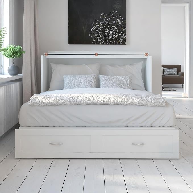 AFI Hamilton Queen Murphy Bed Chest with Mattress, Storage, and Built-in Charger in White