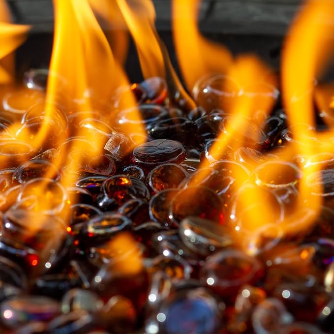 5 Pound Fire Pit Glass 3/4 Inch Reflective Round Fire Glass Drops Beads Rocks for Natural or Propane Fire Pit and Landscaping Amber