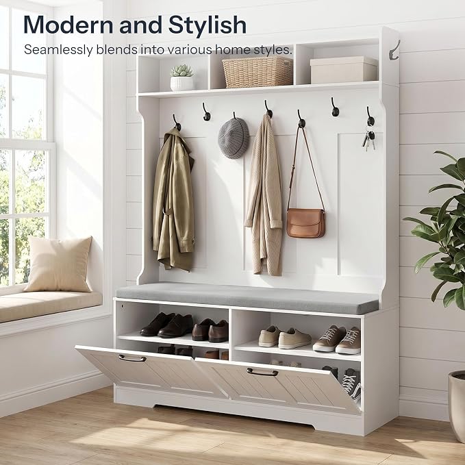 HOOBRO Hall Tree with Bench, 47.2" Hall Tree with Shoe Storage | Entryway Coat Rack, Shoe Bench with Storage, Farmhouse Hall Tree, 9 Coat Hooks, Adjustable Shelves, for Hallway, White