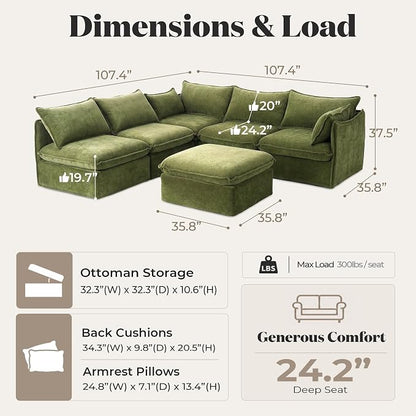 Cloud Modular Corner Sectional, Oversized Deep Seat Comfort, Luxe Chenille | Fully Removable Washable Covers, Memory Foam Seat Cushions, Storage Ottoman, Premium Fabric