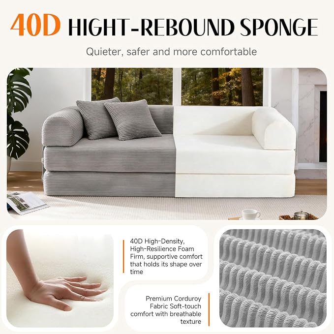 78.8" Memory Foam Boneless Couch, Corduroy Floor Sofa Bed, Convertible Sleeper Futon Loveseat, Wide Armrests & Back Support, Supports Up to 1200 lbs, Couch in a Box with 2 Pillows, Light Grey