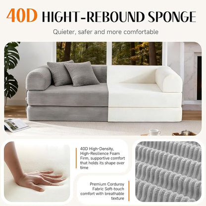 78.8" Memory Foam Boneless Couch, Corduroy Floor Sofa Bed, Convertible Sleeper Futon Loveseat, Wide Armrests & Back Support, Supports Up to 1200 lbs, Couch in a Box with 2 Pillows, Light Grey