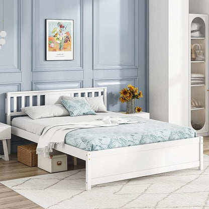 Giantex Queen Size Solid Wood Platform Bed Frame, Mid Century Queen Bed Frame with Headboard, Wooden Slat Support, Queen Panel Bed, No Box Spring Needed, Easy Assembly, White