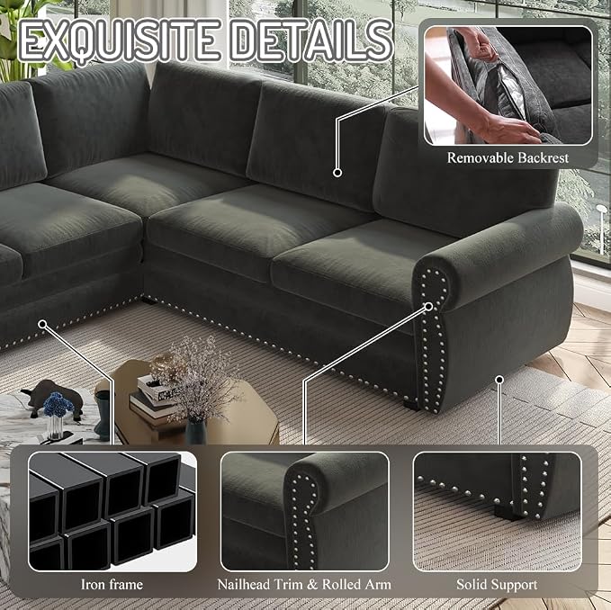 118" L-Shaped Sleeper Couch Bed - Oversize Convertible with Pull-Out Sofa Bed, Button Tufted Chesterfield Sofa, Chenille Sectional Vintage Couches for Living Room/Apartment(6-Seater, Green) | Oversize Convertible