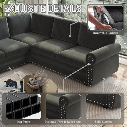 118" L-Shaped Sleeper Couch Bed - Oversize Convertible with Pull-Out Sofa Bed, Button Tufted Chesterfield Sofa, Chenille Sectional Vintage Couches for Living Room/Apartment(6-Seater, Green) | Oversize Convertible