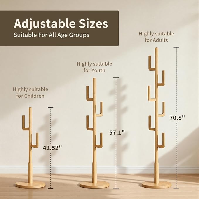 Coat Rack,Solid Wood Cactus Freestanding Coat RackWith 6 L-Shaped Hooks and 3 Adjustable Sizes,Coat Tree for Bedroom, Entryway, Livingroom, Coat Hanger Stand for Coats, Handbags (Natural)