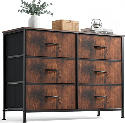 DUMOS 6 Drawer Dresser for Bedroom, Wide Storage Chest of Drawers Cabinet | Fabric Storage Organizer with Wooden Top, TV Stand for 43-50 Inch TV in Closet, Living Room, Rustic Brown