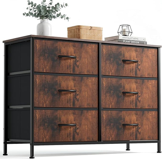 DUMOS 6 Drawer Dresser for Bedroom, Wide Storage Chest of Drawers Cabinet | Fabric Storage Organizer with Wooden Top, TV Stand for 43-50 Inch TV in Closet, Living Room, Rustic Brown