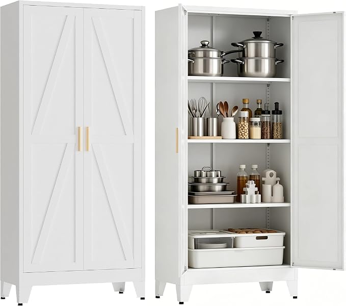 61”H Metal Kitchen Pantry Cabinet, Pantry Cabinets with 2 Doors and 3 Shelves, Kitchen Cabinet for Kitchen, Dining Room, Living Room and Bathroom, White