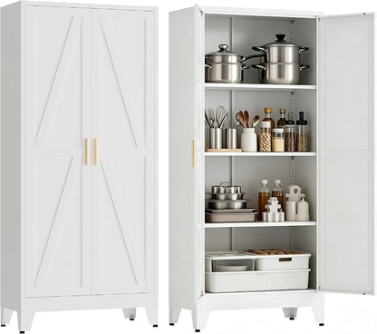61”H Metal Kitchen Pantry Cabinet, Pantry Cabinets with 2 Doors and 3 Shelves, Kitchen Cabinet for Kitchen, Dining Room, Living Room and Bathroom, White