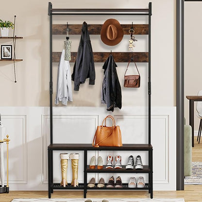 5-in-1 Coat Rack freestanding for Entryway, 71’’ Wooden Hall Tree Bench with Shoes Storage, Industrial Entrance Organizer with 14 Hooks for Hallway Living Room and Bedroom (Brown)