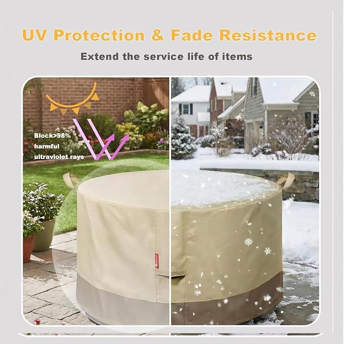 SheeChung Fire Pit Cover Round 28" D x 18" H,Waterproof 600D Material,Beige | Fits Solo Stove Yukon,PVC Inner Coating,Heavy Duty Outdoor Fire Pit Cover,Tear&Fade Resistant,Fits 24"-28" Smokeless Firepit