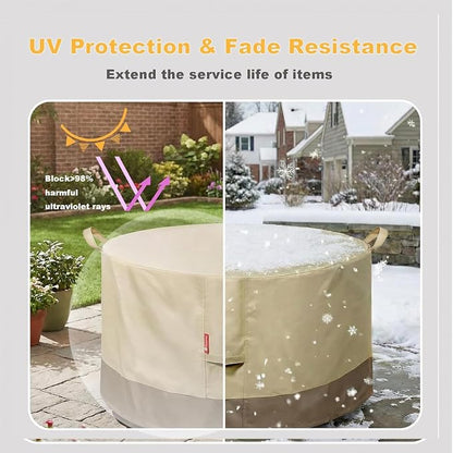 SheeChung Fire Pit Cover Round 28" D x 18" H,Waterproof 600D Material,Beige | Fits Solo Stove Yukon,PVC Inner Coating,Heavy Duty Outdoor Fire Pit Cover,Tear&Fade Resistant,Fits 24"-28" Smokeless Firepit