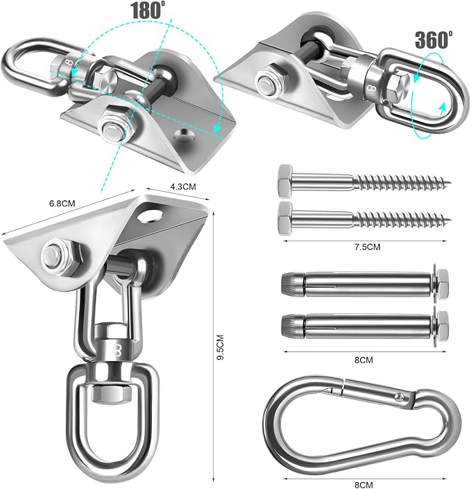 Hammock Hanging Kit, 2 Pack Hanging Chair Hardware 360°Rotating Hammock Hooks Heavy Duty, Hammock Chair Hanging Kit & Swing Ceiling Hook Snap for Hammock Chair,Heavy Bag,Seat,Yoga,Gym,1000 lb Capacity