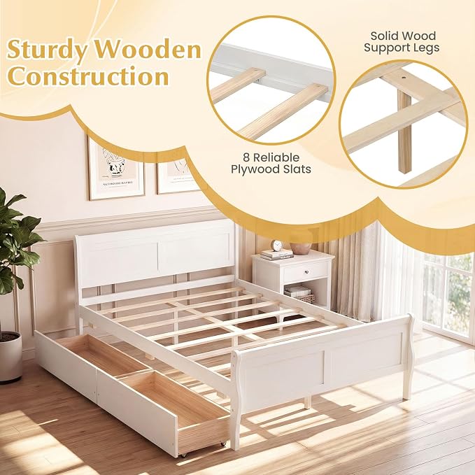 Giantex Full Bed Frame with 2 Storage Drawers, Wood Platform Bed with Headboard & Footboard, Wooden Slats Support Mattress Foundation, Sleigh Bedframe for Teens Adults, No Box Spring Needed (White)