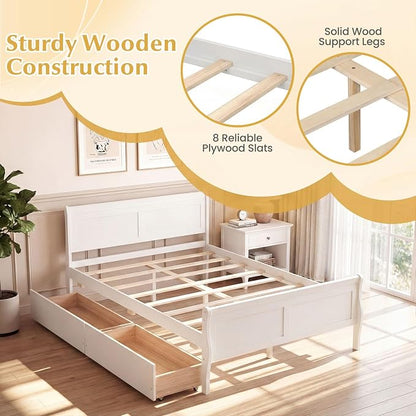 Giantex Full Bed Frame with 2 Storage Drawers, Wood Platform Bed with Headboard & Footboard, Wooden Slats Support Mattress Foundation, Sleigh Bedframe for Teens Adults, No Box Spring Needed (White)
