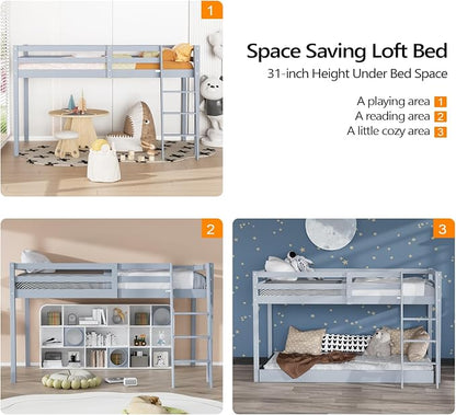 VINGLI Junior Low Loft Bed with Inclined Stairs,Gray Wood Loft Bed Full Size for Adults, Kids and Young Teens, No Box Spring Required,Wood Slat Support