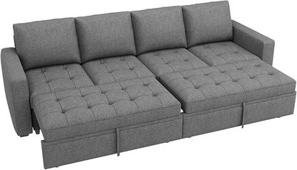 HONBAY Modular Sectional Sleeper Sofa with Pull Out Bed, Linen Convertible Sectional Couches for Living Room,Grey