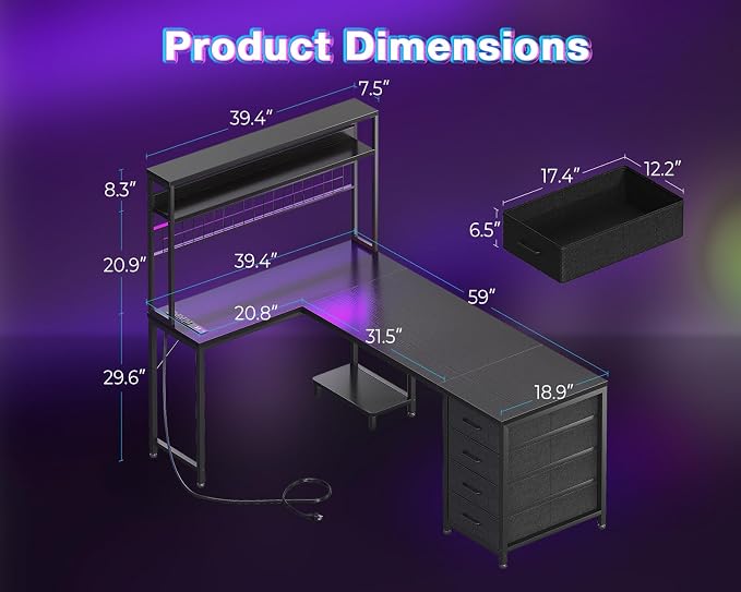 AODK L Shaped Desk Gaming Desk with LED Light & Power Outlet, 59 Inch Reversible L Shaped Computer Table with 4 Drawers for Home Office, Black