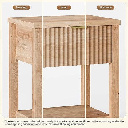 Fluted Night Stand with Golden Handle,Set of 2 Mid-Century Nightstands with Drawer, Bedside Table with Storage Shelf,Large Wood End Tables for Livingroom,Bed Side Tables for Bedroom, Natural Oak