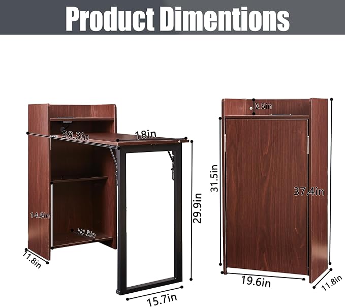 Fold Out Desk with Storage and Built-in Outlet, Mid Century Foldable Desk for Small Spaces, Hidden Folding Table for Home Office or Bedroom (Brown)