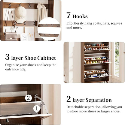 Fsbecl Shoe Cabinet for Entryway with 3 Flip Drawers & Coat Rack, Narrow Hidden Shoe Storage Cabinet with Fluted Panel, 2-in-1 Hall Tree Slim Freestanding Shoe Rack Organizer for Hallway, Walnut