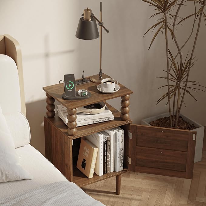 Veegle Nightstand with Charging Station,Modern Bedside Table with Storage Drawer and Open Wood Shelf, for Bedroom and Small Spaces,Night Stand with Solid Wood Legs (Walnut Brown)