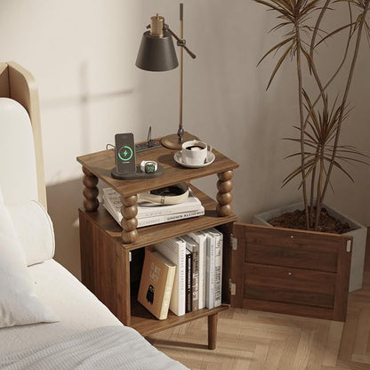 Veegle Nightstand with Charging Station,Modern Bedside Table with Storage Drawer and Open Wood Shelf, for Bedroom and Small Spaces,Night Stand with Solid Wood Legs (Walnut Brown)