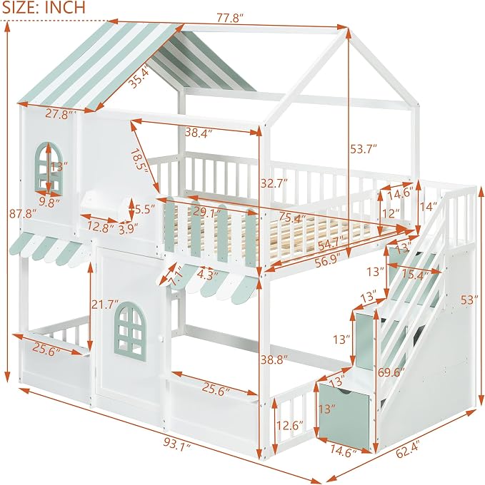 Merax Full Over Full Wood House Bunk Bed Frame with Storage Staircase & Shelves, Modern Low Bunk Bed with Solid Slats, Guardrail, No Box Spring Required, Easy Assembly,Playhouse Design,White+Green