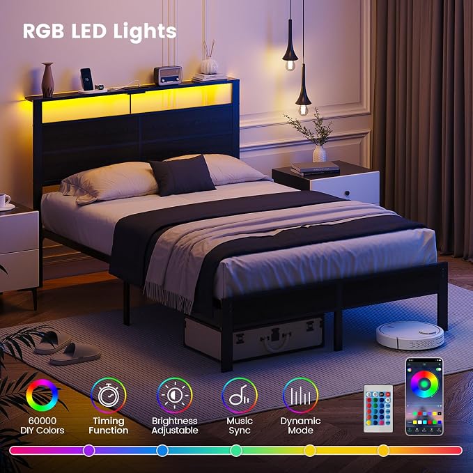 Full Size Metal Bed Frame with Storage Headboard, LED Lights and USB Charging Ports, Noise Free Platform Bed with Sturdy Slats, No Box Spring Needed, Easy Assembly