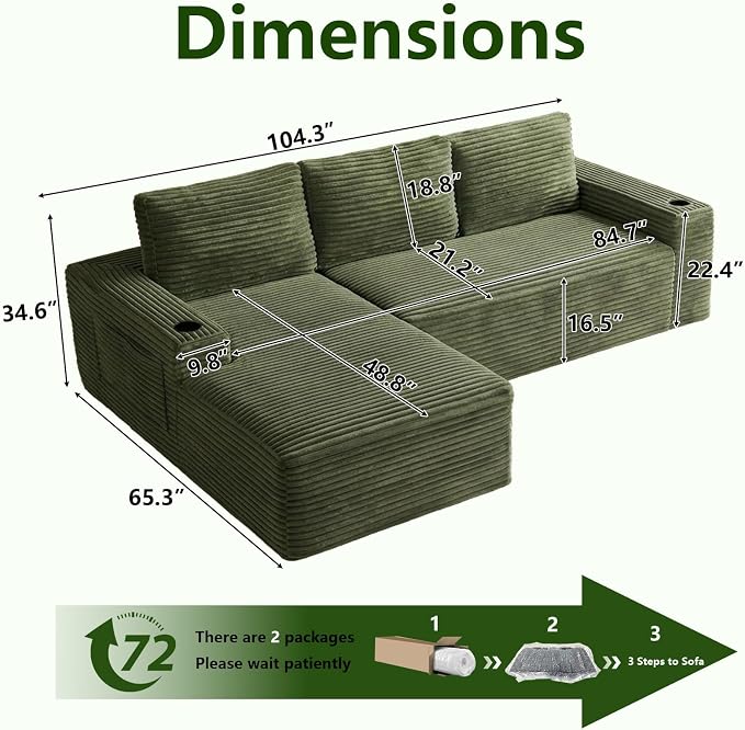 104.3" Modular Sectional Sofa,Modern Corduroy Cloud Couch with Cup Holder & Side Pockets,Boneless Couch Upholstered 3-Seater L-Shaped Sofa for Living Room,No Assembly (Green, Left-Facing Chaise) | with Cup Holder