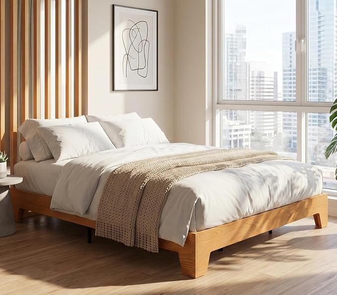 IDEALHOUSE Queen Size Wood Bed Frame,Platform Nature Bed with Strong Wooden Slats,No Box Spring Needed,Minimalist Bedroom Furniture,Contemporary Wooden Bed Frame,Easy Assembly