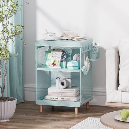 SYKIARIOL Kids Nightstand for Girls, Metal Bedside Table with 4 Hooks & Hanging Basket, 3-Tier Storage Shelf, Toddler Night Stand for Bedroom, Mint Green