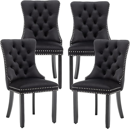Mid Century Modern Dining Chair Set of 4 Velvet Upholstered Dining Room Chair Farmhouse Dining Accent Chairs with High Back and Nailhead Trim for Kitchen, Living Room, Bedroom (Black)