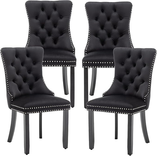 Mid Century Modern Dining Chair Set of 4 Velvet Upholstered Dining Room Chair Farmhouse Dining Accent Chairs with High Back and Nailhead Trim for Kitchen, Living Room, Bedroom (Black)