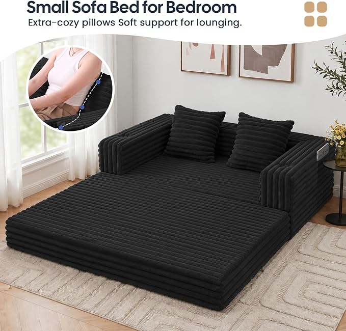 COMAX Futon Sofa Bed, Convertible Sofa Bed, Folding Boneless Couches | Boneless Couch for living room, Fold Out Small Foldable Loveseat Floor Sleeper Mattress Lounge Space‑Saving, Jet Black