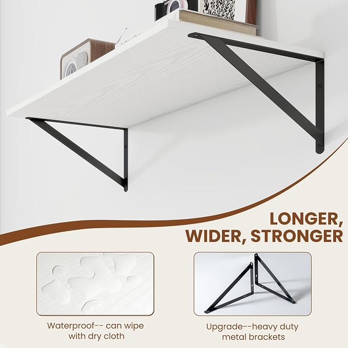 Heimlove White Deep Floating Shelves for Wall, 28W x 12D Wood Wall Shelves Set of 2, Wide Floating Bookshelf for Living Room, Kitchen, Office, Bedroom and Decor Storage, with Black Bracket - White
