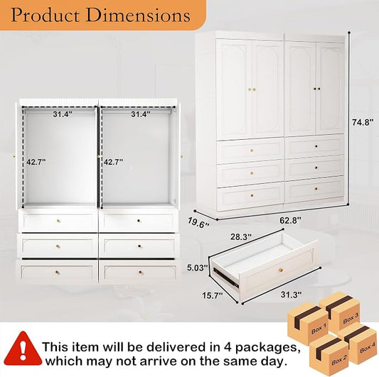 Wooden Wardrobe Closet with Doors: 75" Tall White Armoire Wardrobe Closet with 6 Drawers and 4 Doors, Modern Clothes Cabinets for Bedroom Armoires with Hanging Rod (6-Drawers, 63")
