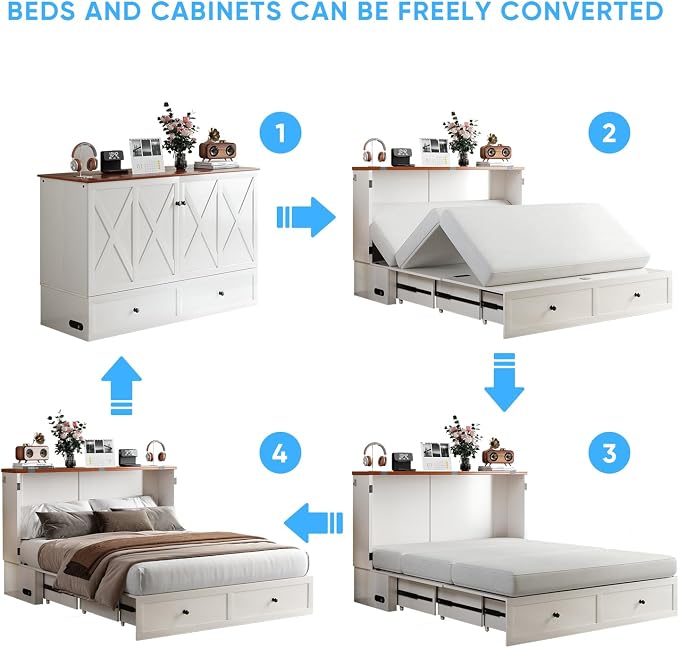 Mjkone Full Size Murphy Bed with Tri-Fold Mattress, Storage Drawers, Hidden Folding Cabinet Bed with USB Charging Station, Space Saving Wall Chest Beds for Bedroom Living Room, White