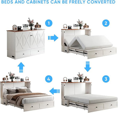 Mjkone Queen Murphy Bed with Tri-Fold Mattress, USB Charging Station & 2 Storage Drawers, Hidden Folding Chest Cabinet Bed, Space Saving Wall Beds for Bedroom Guest Room Living Room-White