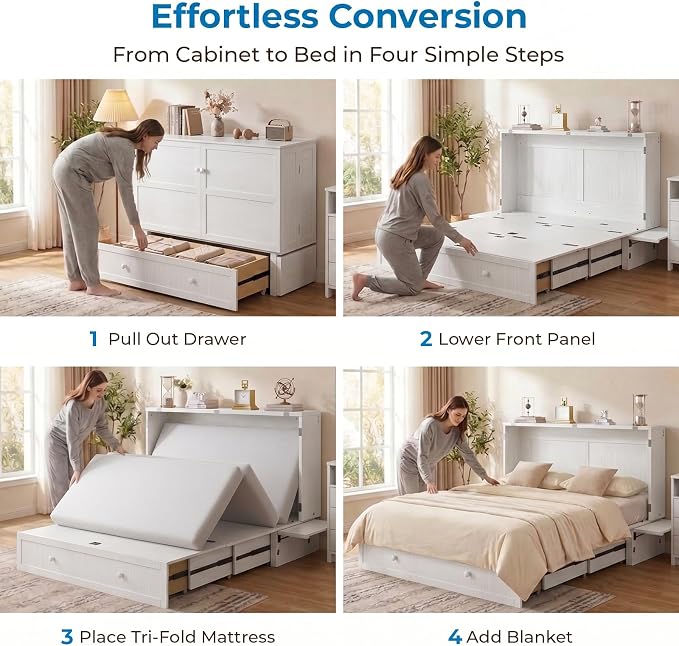 Mjkone Murphy Bed Queen Cabinet Bed with Tri-fold Mattress and Built-in USB Charging, 2 Drawers, Bedside Panel, Hidden Guest Beds, Murphy Cube Chest Cabinet Beds for Bedroom, Apartment - White