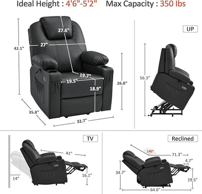 MCombo Power Lift Recliner Chair for Elderly, Lift Chair with Heat and Massage, FSC Certified, USB Ports, Cup Holders, Faux Leather 7141 (Black, Small)